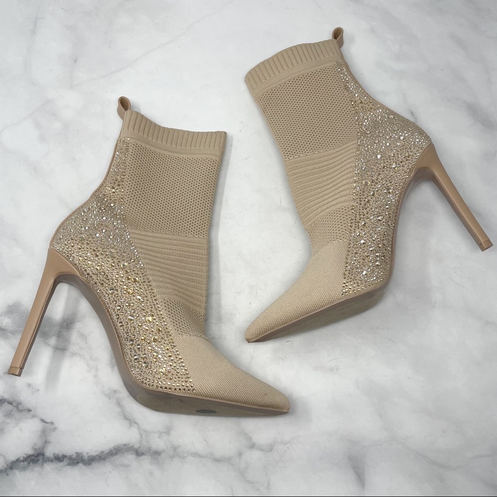 NEW Steve Madden Maxwelle Pointed Jeweled Bling Heeled Ankle Sock Booties Nude - Picture 5 of 11